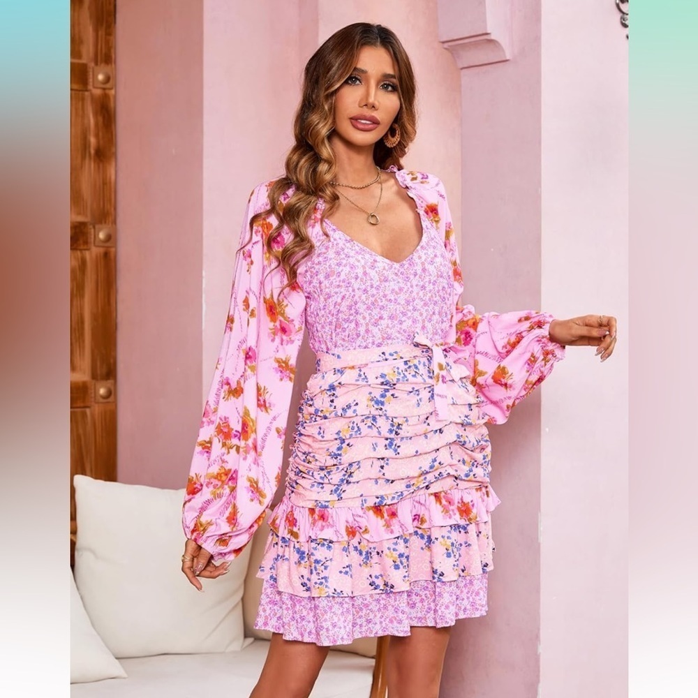 R. VIVIMOS Pink Boho Floral V neck Dress small NEW